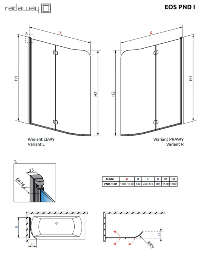 Шторка на ванну Radaway EOS PND I 1205202-101R права 1300x1520 скло прозоре, профіль хром, розпашна